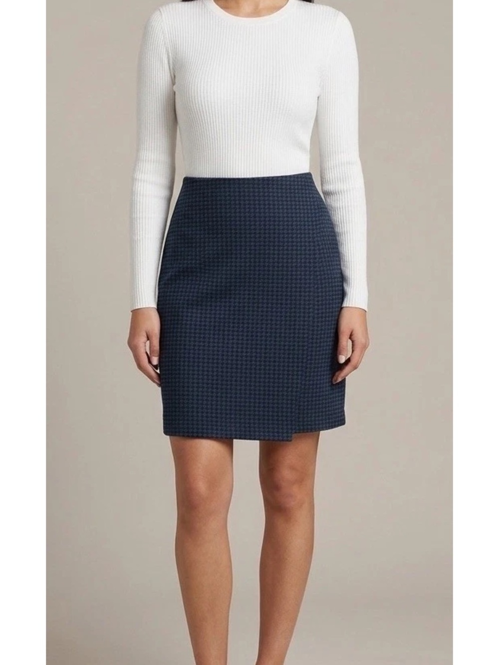 J. Jill Ponte Houndstooth Blue Black Straight Pencil Knee Skirt Stretch L